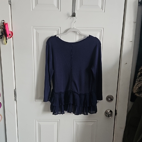 Halogen Tops - Blue Long Sleeve Blouse with Peplum and Ruffle Hem